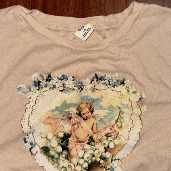 Urban outfitters angel cherub heart ruched t-shirt tee crop top beige neutral L - Picture 3 of 9